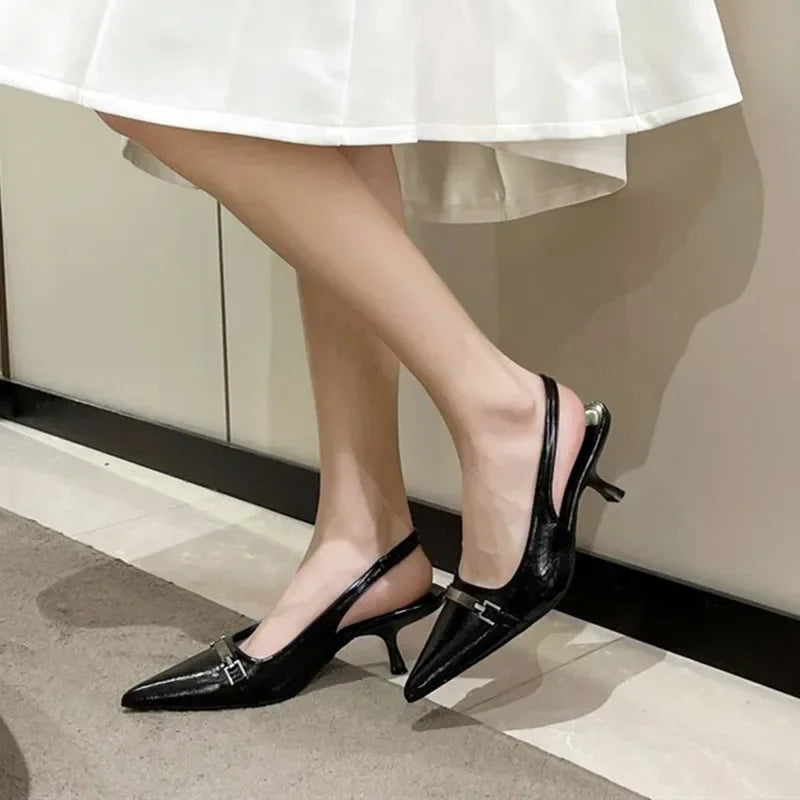 Lbsfy Mules Sandals Women Metal Decoration Pointed Low Heel Slingback Shoes Fashion Office High Heels Female Zapatos De Mujer