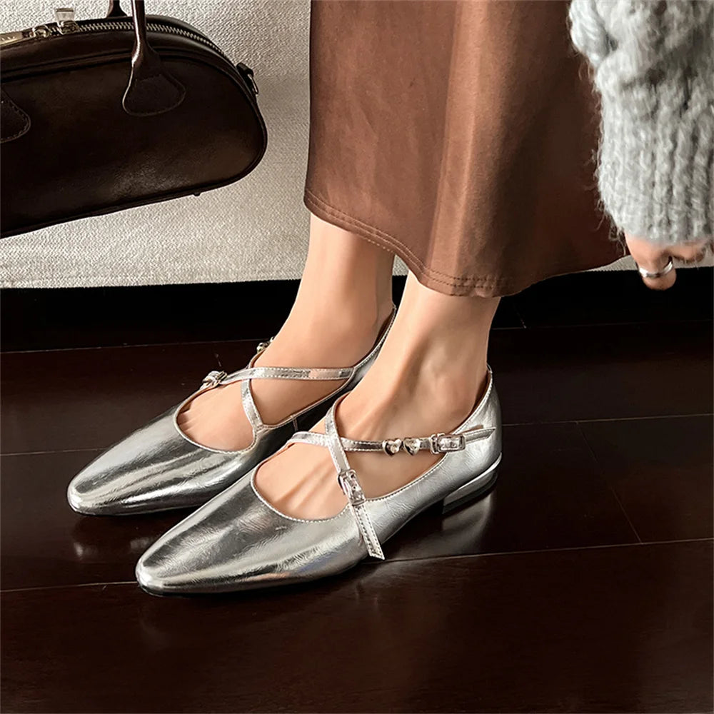LBSFY  -   2025 Spring Summer Elegant Genuine Leather Pumps Woman Low Heeled Elegant Casual Shoes Woman Party Shoes Silver