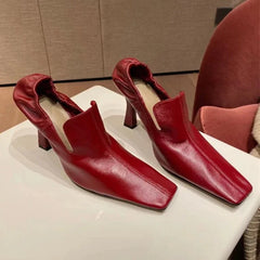 LBSFY  -  Designer Square Toe High Heels Women Fashion Pleated Party Dress Shoes Shallow New 2024 Spring Autumn Retro Mules Pumps Women