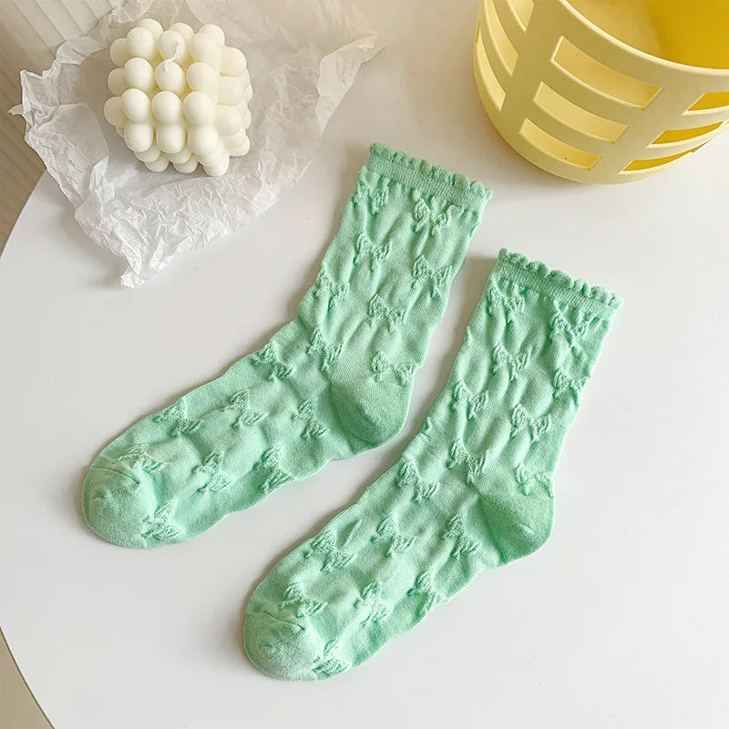 Lbsfy Socks Spring Summer Solid Color Casual Bow Lace Sweet Style Girl Cotton Middle Tube Woman Girls Gift Lolita Harajuku Socks