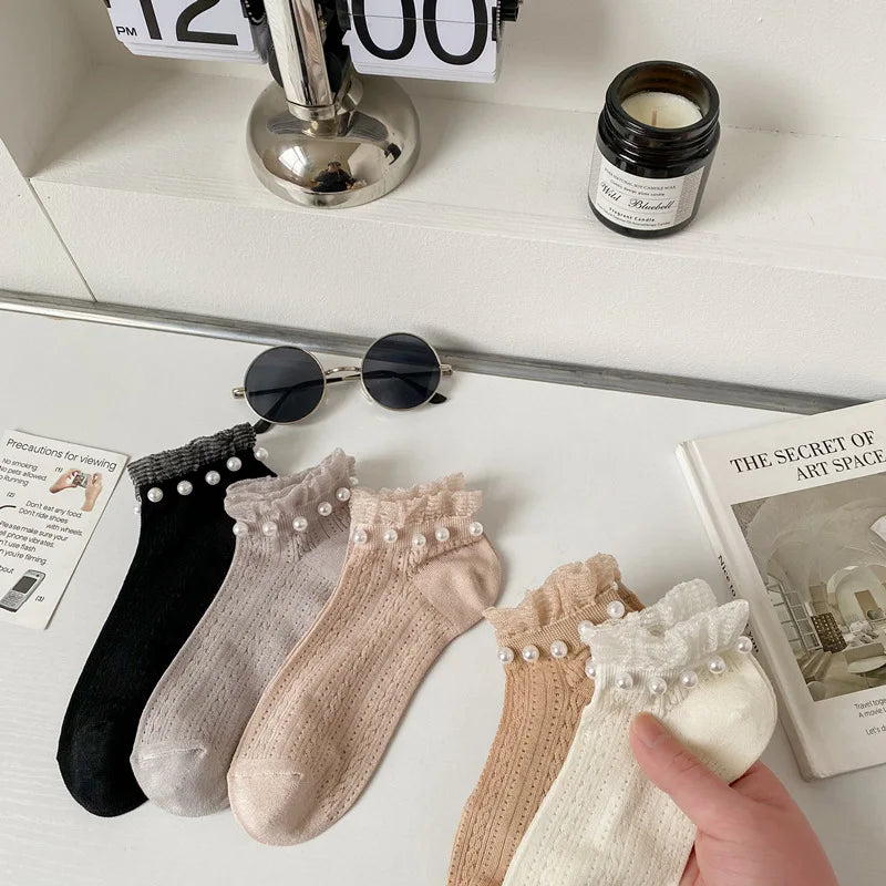 Lbsfy 5 Pair/Lot Mesh Breathable Fashion Lace Socks Women Kawaii Pearl Decoration Short Socks Female Spring Summer New Sokken Femme