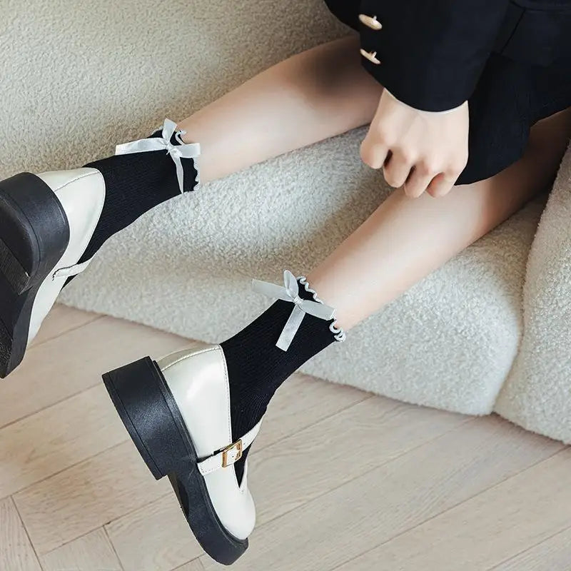 Lbsfy Bow Socks Women Cute Kawaii Mid-tube Frilly Black White Harajuku Lolita Princess Girl Gift Ruffle Sock Ladies Calcetines Mujer