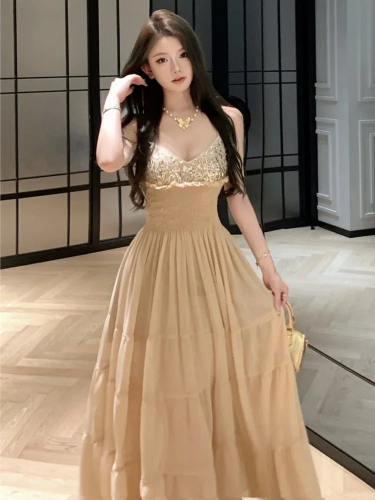 LBSFY -Y2K Elegant French Fashion Women's Evening Dresses Sequin Vintage V-Neck Backless Sexy Slim Midi Dress Prom Female Clothes New