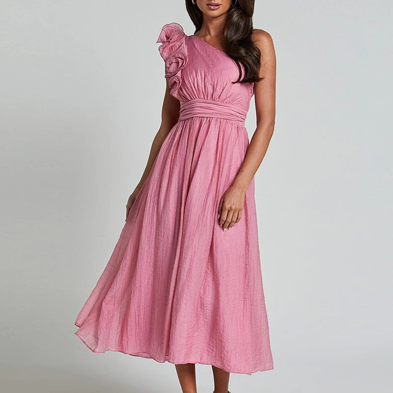 LBSFY  -  Sexy Slanted Collar Solid Long Dress Women Elegant Sleeveless Ruffle Pleated Party Dress Fashion Hight Waist Slim Evening Dress