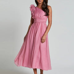 LBSFY  -  Sexy Slanted Collar Solid Long Dress Women Elegant Sleeveless Ruffle Pleated Party Dress Fashion Hight Waist Slim Evening Dress