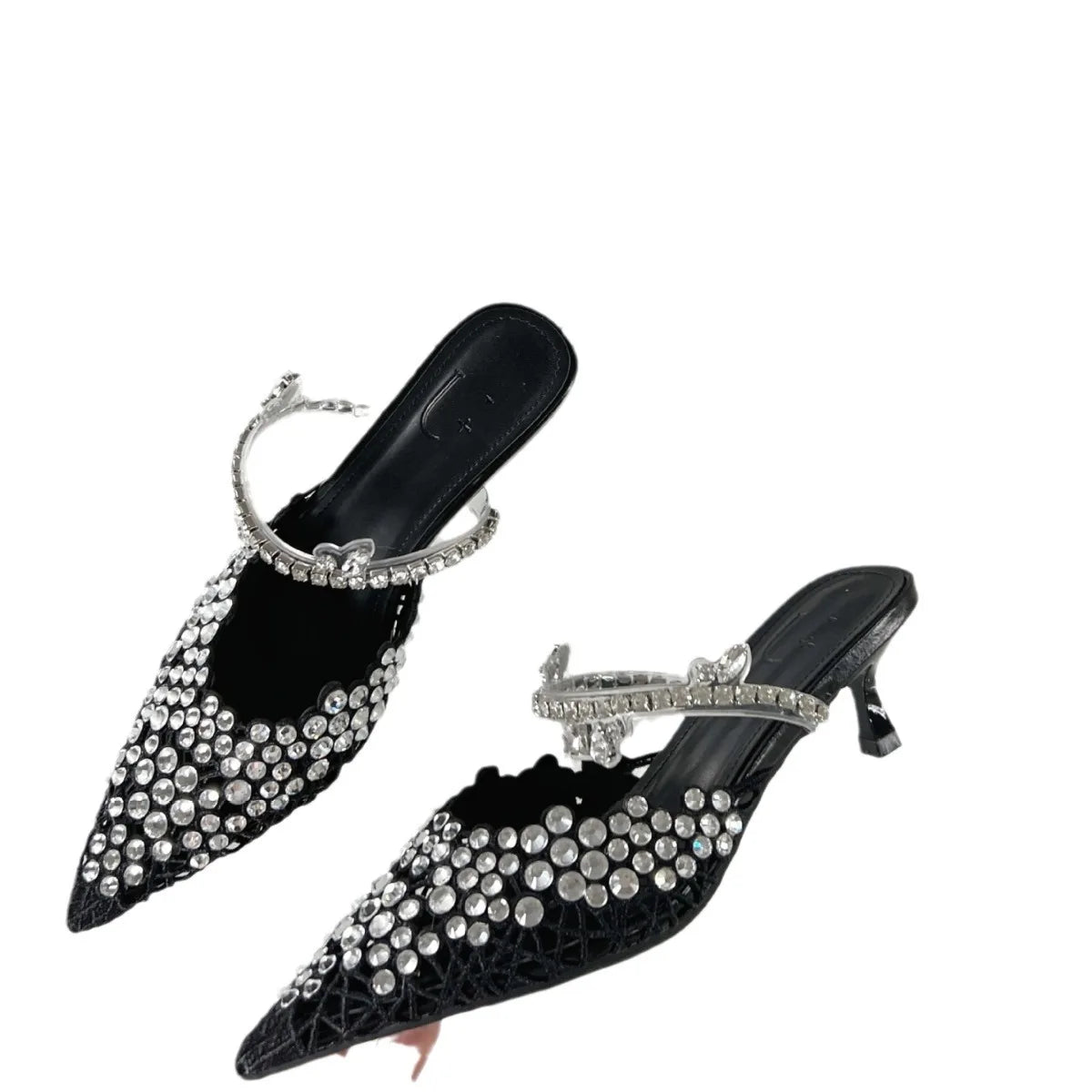 LBSFY  -  Summer Water Droplet Diamond Pointed Thin Heel Slippers with Hollowed Out Mesh, Breathable and Elegant High Heels, Half Drag