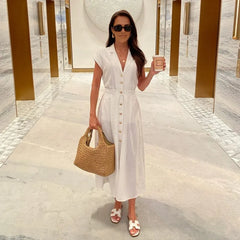 LBSFY -Fashion Casual Women Dress With Belt Single Breasted Simple Elegant Summer Long Dress 2025 New Casual Chic Female Clothing