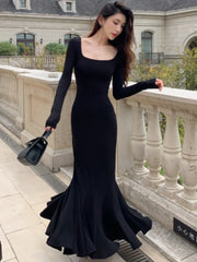 LBSFY -Autumn Sexy Black Mermaid Party Dress for Women Square Collar Long Sleeve Slim Bodycon Vestidos Elegant Streetwear Long Robe