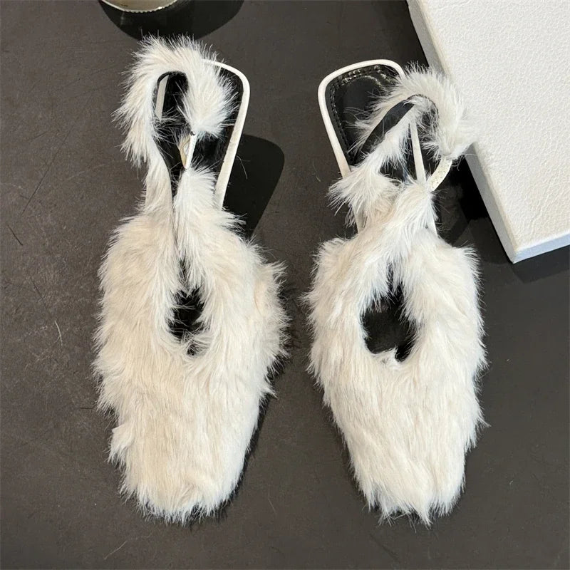 LBSFY  -  Design Style Furry Corduroy Square Toe Woman Pumps Sandals Sexy Slingbacks Thin High Heels Banquet Dress Shoes