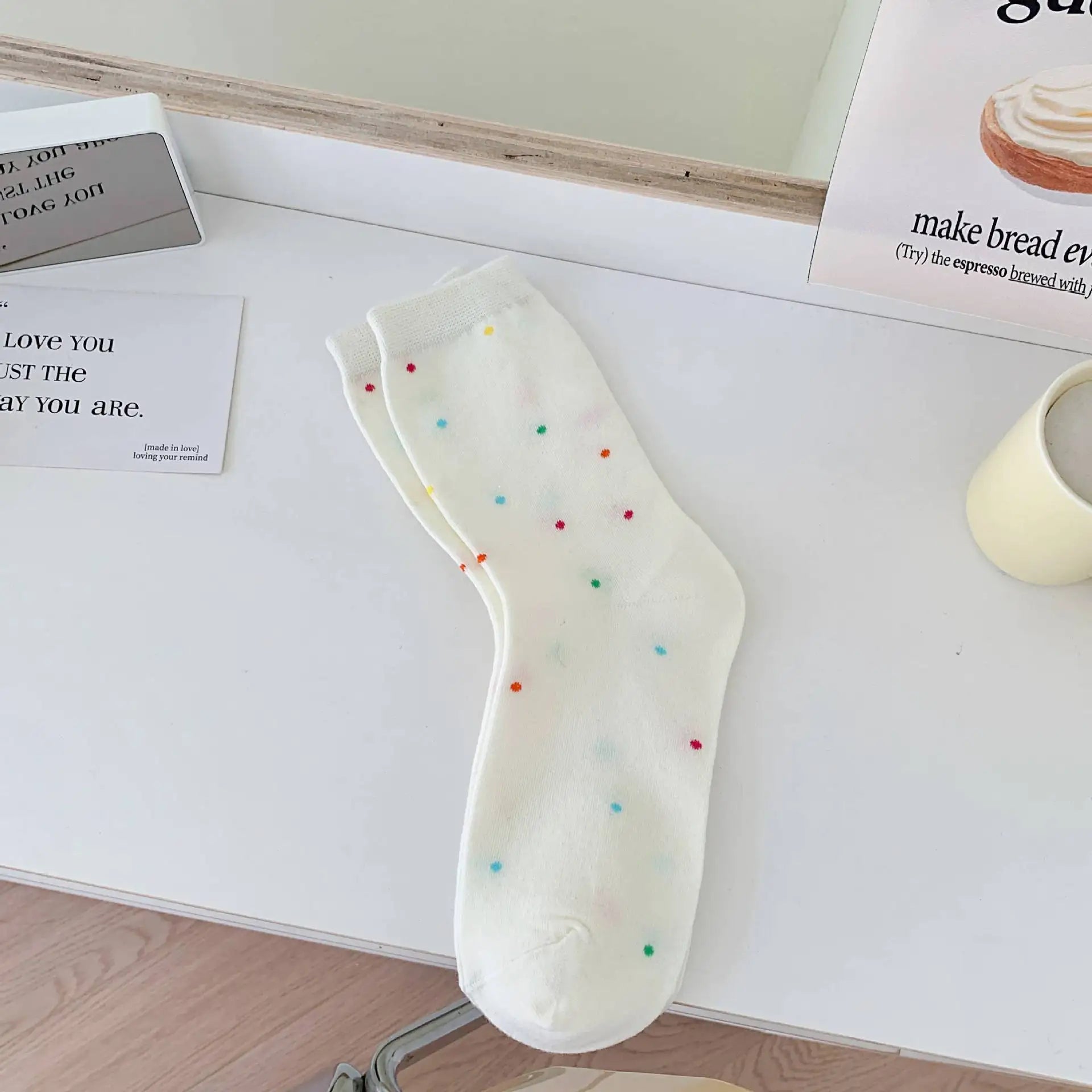 Lbsfy Women Socks Cotton Spring Autumn Female Polka Dot Striped Girls Gift White Sweet Style Simple Lovely Cute Kawaii Mid-tube Socks