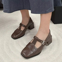 LBSFY  -   Pumps Women Shoes Block Heel Mary Janes PU Leather Buckle Black Brown Ballet Shoes High Heel