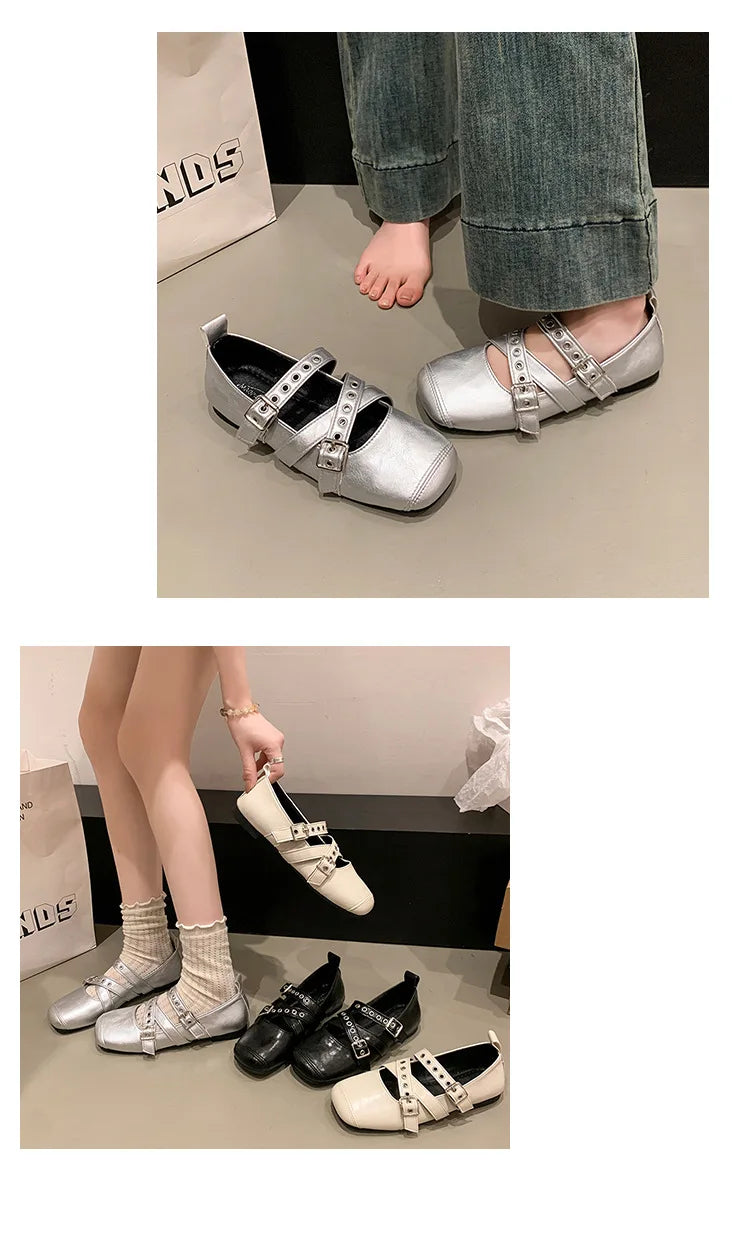 LBSFY -Designer Spring Women Mary Jane Shoes Fashion Square Toe Ladies Comfort Soft Sole Flats Women's Belt buckle Ballerinas Shoes
