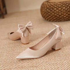 LBSFY  -  Size 30-44 Chunky Heel Pointed Bow High Heels Satin Champagne Color White Wedding Shoes Women Pumps