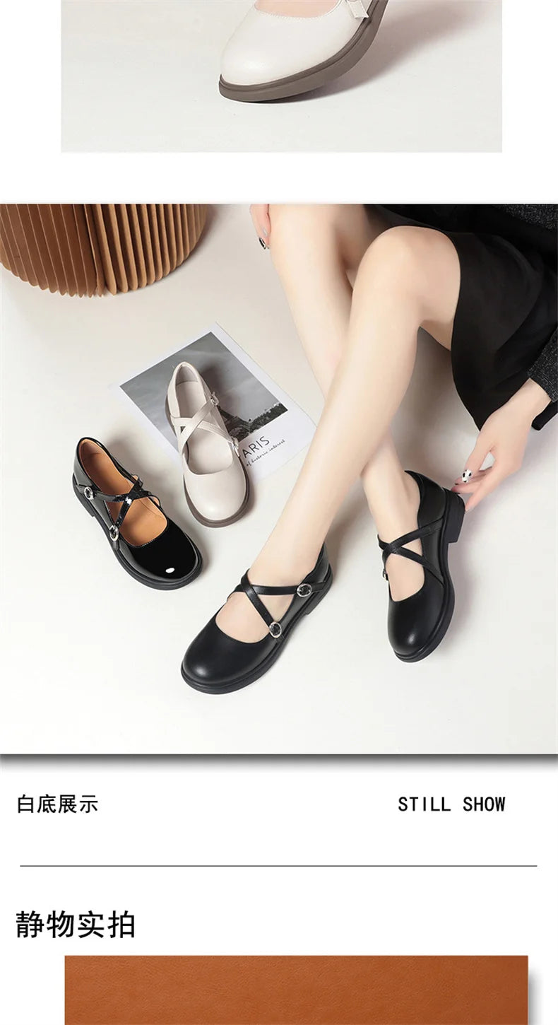 LBSFY -Spring Versatile Breathable Women Mary Jane Shoes Low Heel Buckle Strap Round Toe  Party Dance Soft Leather Single Shoes