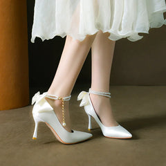 LBSFY  -  Size 31-44 Stiletto Heel Pointed Toe Pearls Strap High Heels Lady Bow Satin White Wedding Shoes