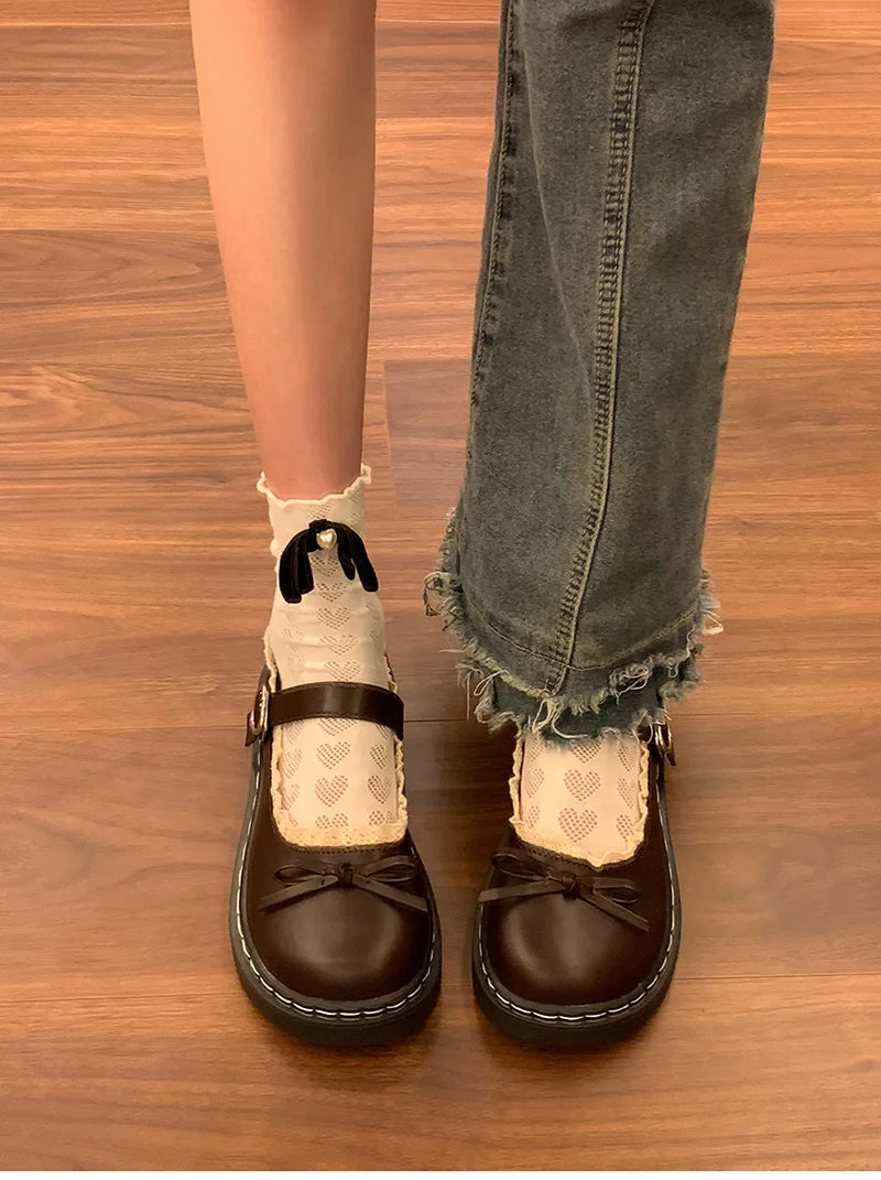 LBSFY -Butterfly-knot Lolita Women Leather Shoes Shallow Round Toe Ladies Concise Outdoor College Style Mary Jane Shoes
