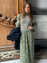 LBSFY  -  Vintage Floral Printed Striped Women's A-line Long Dress Elegant Puff Sleeves O Neck High Waist Vestido Fashion Summer Lady Robe