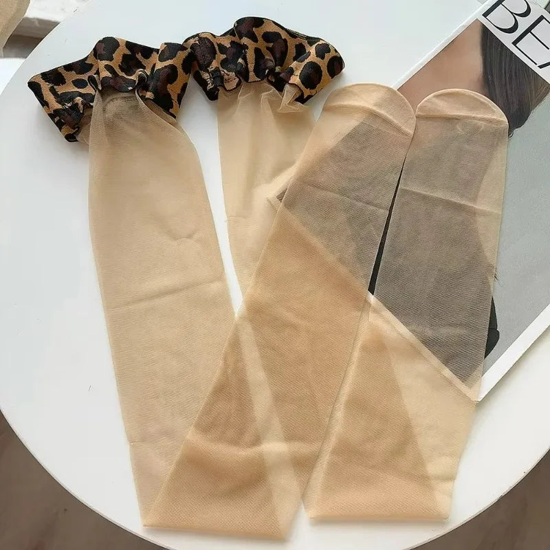 Lbsfy New Leopard Tube Stocking Patchwork Sexy Black Stockings Popular Underwear Women's Thigh High Socks Transparent Long Leg Hosiery