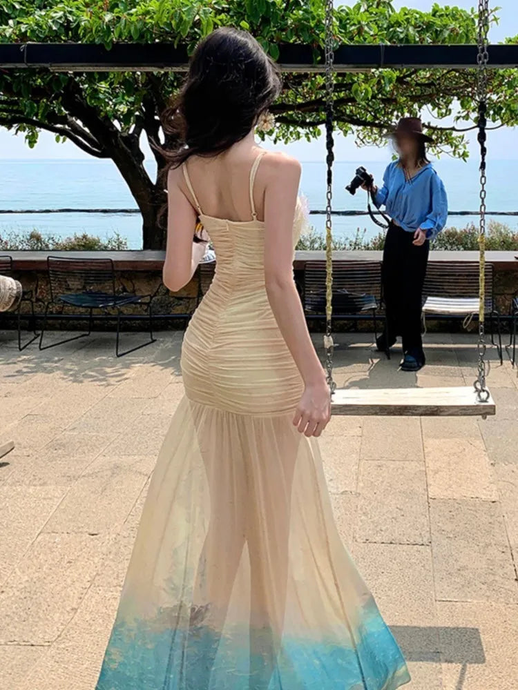 LBSFY -Women's Sexy Floral Bodycon Mesh Mermaid Dresses Elegant Gradient Print Pleated Slim Halter Dress Summer Beach Vacation Outfits
