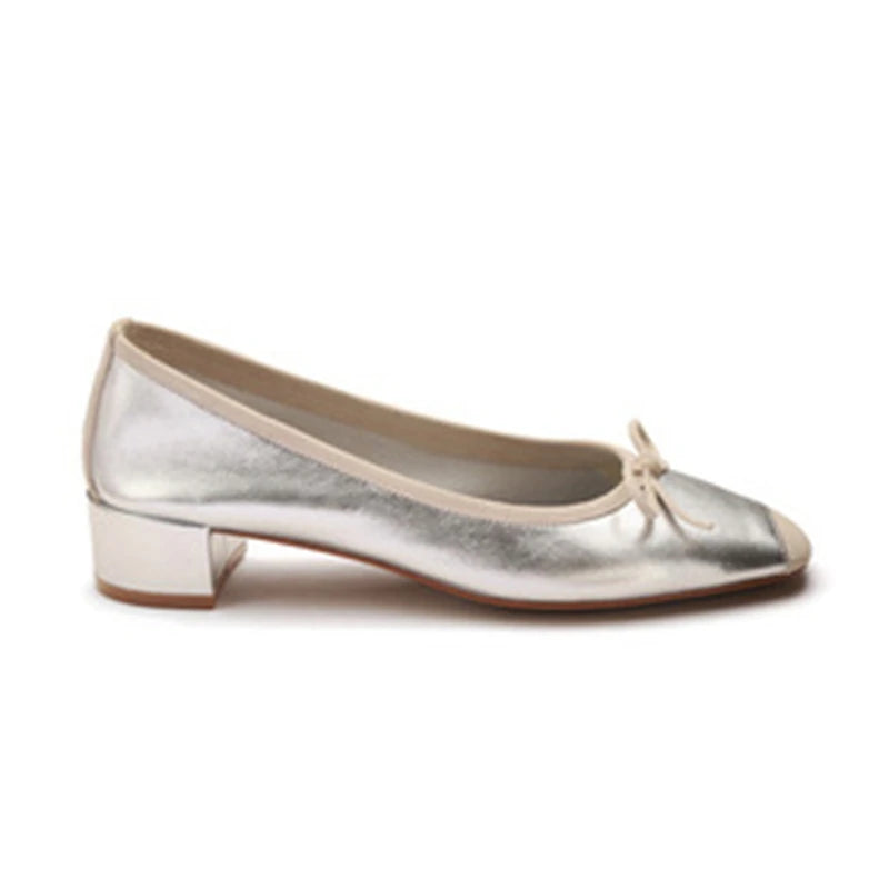 LBSFY -Fashion Design Silk Ballerinas Women Pumps Slip On Loafers Round Toe Square Heels Bowknot Casual Spring Autumn Shoes