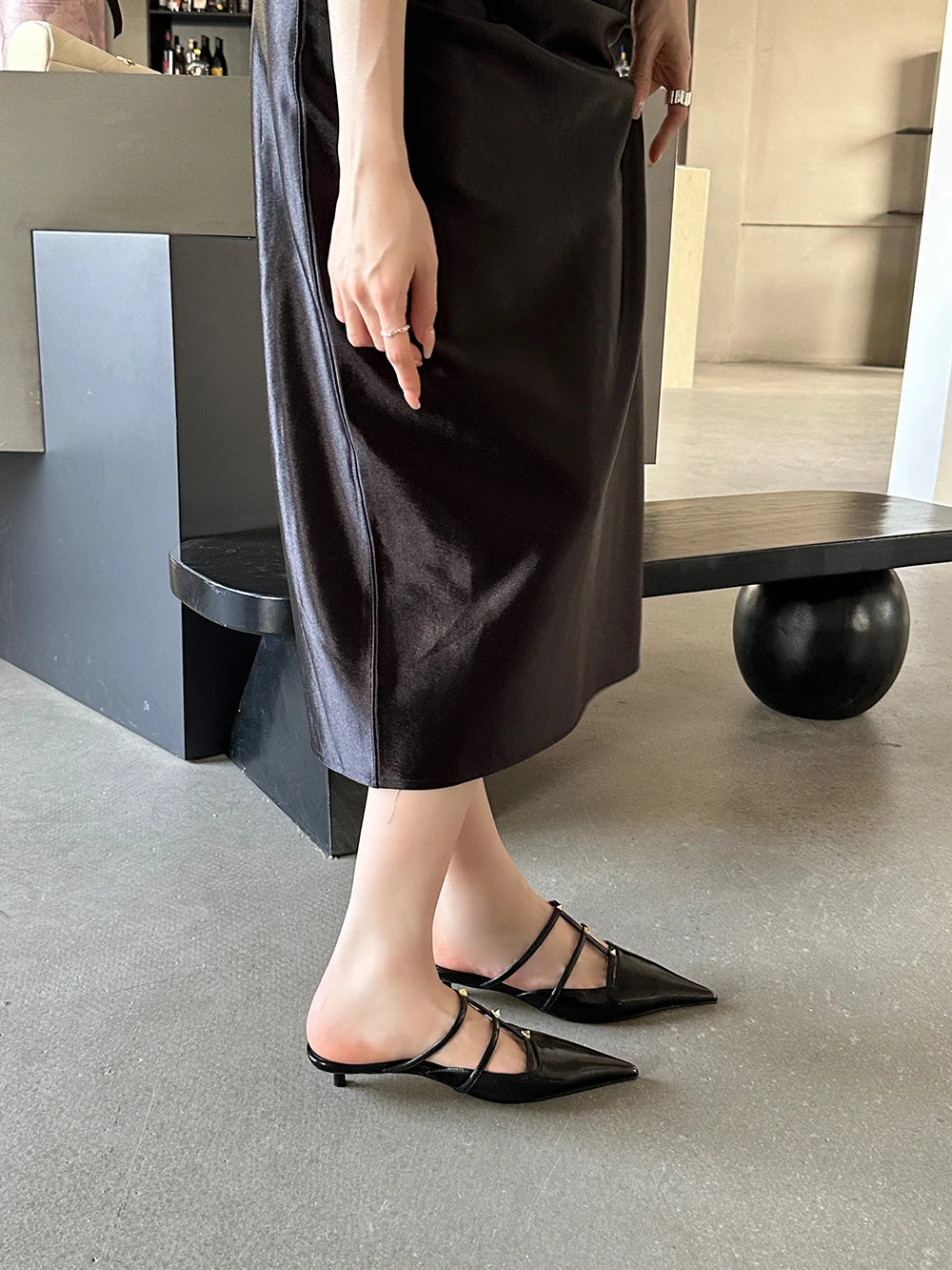 LBSFY  -  Fashion Women Slides Slippers Pointed Toe Summer Outside Mules Shoes Thin Mid Heels Black White Silver Gold Sandals Office Pumps