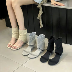 LBSFY -New Open Toe Clip-On Denim Women's Boots Sandal Pleated Low Thin Heels Concise Booties Shoes