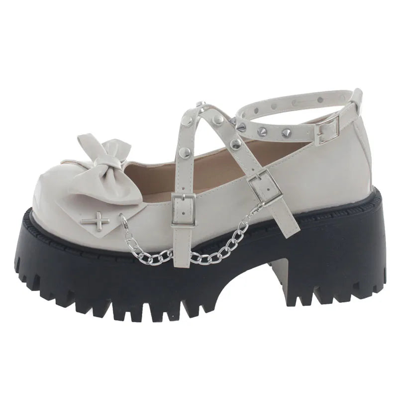 LBSFY  -  Y2K Rivet Ankle Strap Mary Janes Women 2024 New Chain High Heels Platform Pumps Woman Bowknot Thick Bottom Punk Gothic Shoes