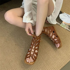 LBSFY -Design Style Hollow Out Flat Heels Woman Boot Sandals Summer Square Toe Zipper Casual Party Dress Gladiator Shoes