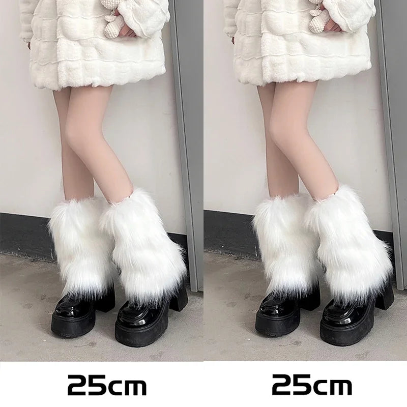 Lbsfy Japanese White Faux Fur Leg Warmers Boot Covers Y2K Goth Solid Leg Socks Punk Jk Knee-length Hiphop Hotgirl Fashion Warm Sock