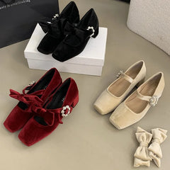 LBSFY  -  Velvet Bowknot Square Toe Chunky Mary Jane Shoes Women Rhinestone Buckle High Heels Dress Shoes Shallow Fashion Ballet Shoes