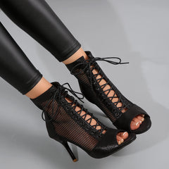 LBSFY -New Women Fashion Show Net Fabric Cross Strap Sexy High Heel Sandals Woman Shoes Pumps Lace-up Peep Toe Sandals Casual Mesh