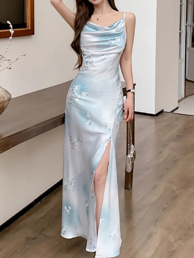LBSFY -Women Elegant Spaghetti Strap Sexy Dresses Summer New Fashion Sleeveless Slim Slit Midi Dress Female Party Prom Vestidos Clothes