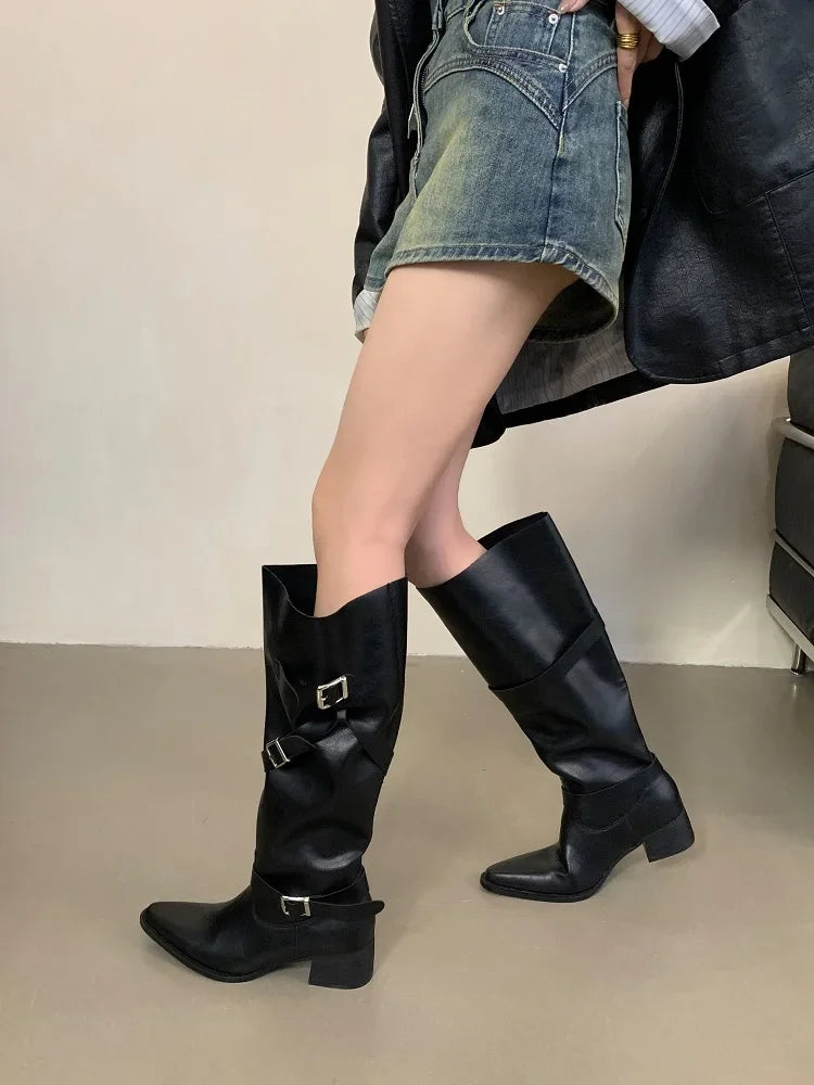 LBSFY -Winter Black Punk Round Toe Knee-High Women Boots Square Heels Buckle Strap Ladies Booties Shoes Zapatillas De Mujer