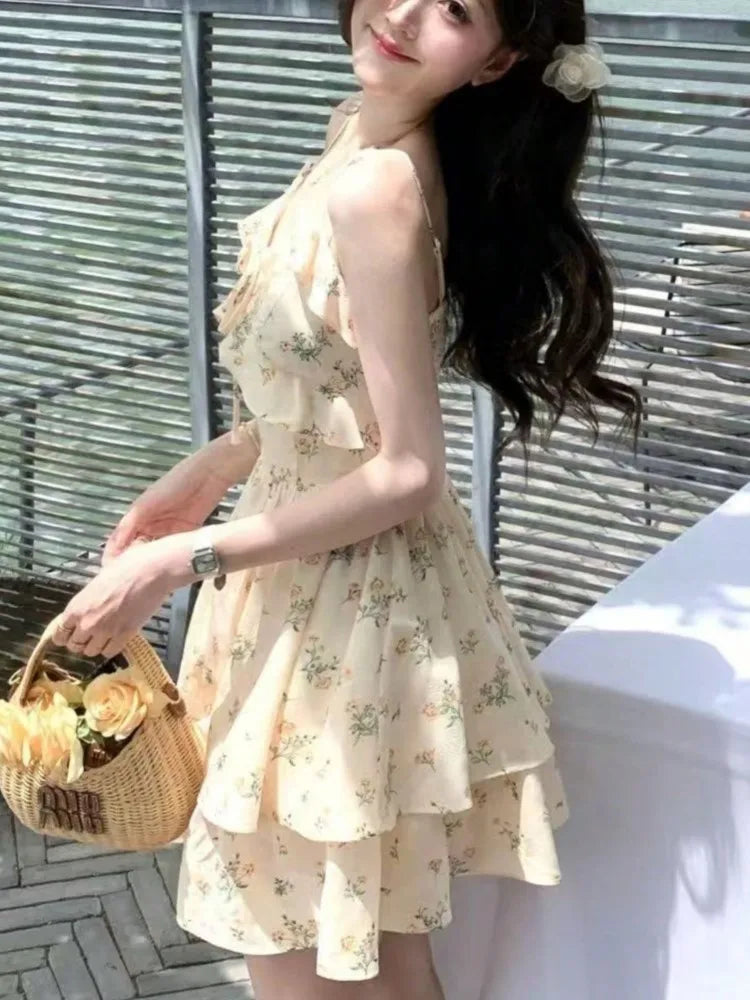 LBSFY -Elegant French Floral Mini Women's Dress V-Neck Ruffles Print Spaghetti Strap Dresses Summer Holiday Beach Festival Clothes