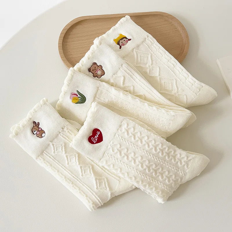 Lbsfy Women Socks Cartoon Bear Love Embroidery Female Lovely Cute Kawaii Lolita Cotton Socks Girls Gift Ladies White Long Stockings