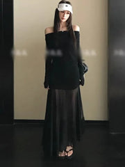 LBSFY -Sexy Vintage Elastic Women's Party Dresses 2025 Spring Autumn Long Sleeve Chic Irregular Slim Waist Slash-Neck Dress Prom Robe