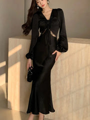 LBSFY -Autumn Satin Long Dresses for Women Long Sleeve Slim Mermaid Dress Vintage Solid Wedding Party Prom Robe Lace Up Vestidos Mujer