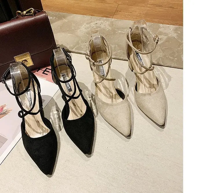 LBSFY -New Spring Autumn Women Heels Ankle Cross Strap Thick High Heel Sexy Female Shoes Casual Suede Black Pointed Toe Pumps