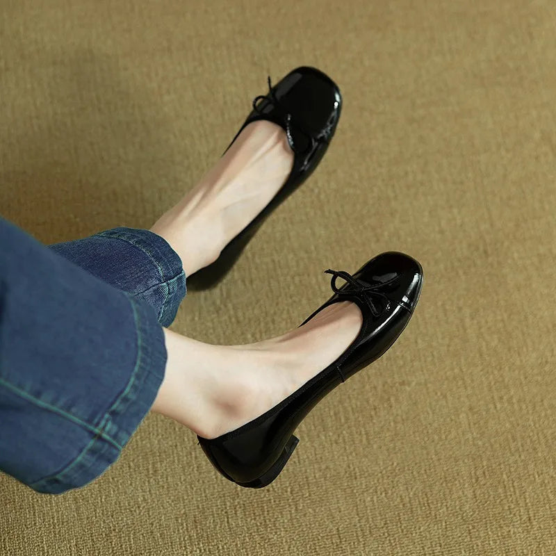 LBSFY -new Spring Autumn fashion Woman's Flats Patent Leather Ballet Flats Bowtie Boat Shoes Low Heels Slip on Flat Woman Black Loafers