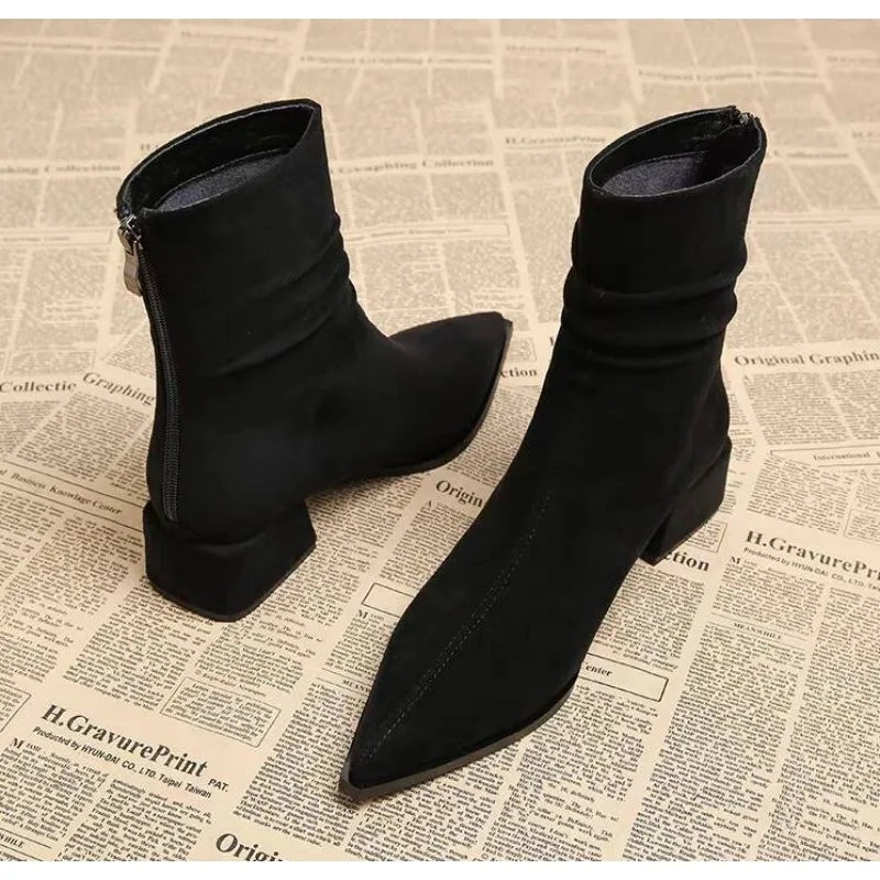 LBSFY -New Women's Pointed Toe Ankle Boots High Heels Sexy Chunky Designer Chelsea Boots Elegant Low Heels Short Booties