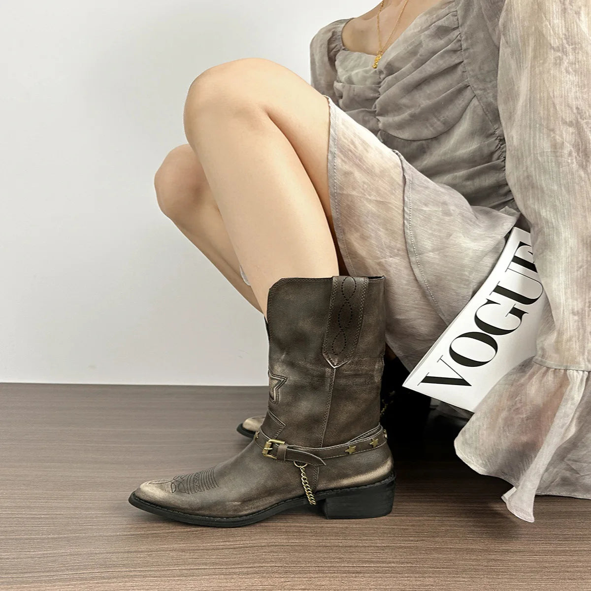 LBSFY  -  Brushing Colors To Make Vintage Western Cowboy Boots for Women New Styles, Sleeve Leather Boots, Brown Knight Boots for Women