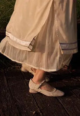 LBSFY  -  Chinese Style Horse Face Skirt Beige Velvet Pearl One Line Ankle Buckle Strap Low Heels Mary Jane Shoes Women 25 mm Heels Shoes