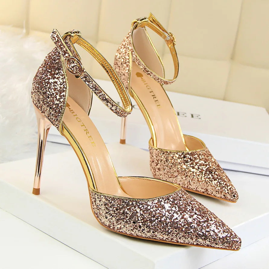 LBSFY  -  2024 summer new European style stiletto heels shallow mouth pointed head sequins sexy nightclub show thin sandals for women