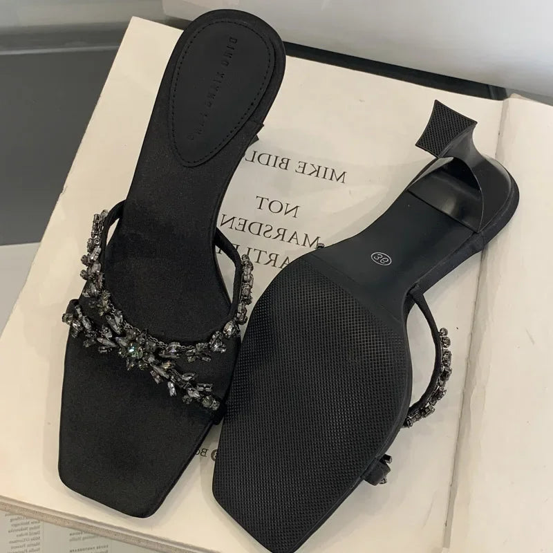 LBSFY -Street Style CRYSTAL Narrow Band Slippers Woman Open Toe Thin High Heels Sandals Stripper Party Slides Shoes