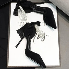 LBSFY  -Shoes for Women Brand Spring Women's Pumps Pointed Toe Solid Flock Beads Bow Tie Buckle Shallow Mouth Novelty High Heels