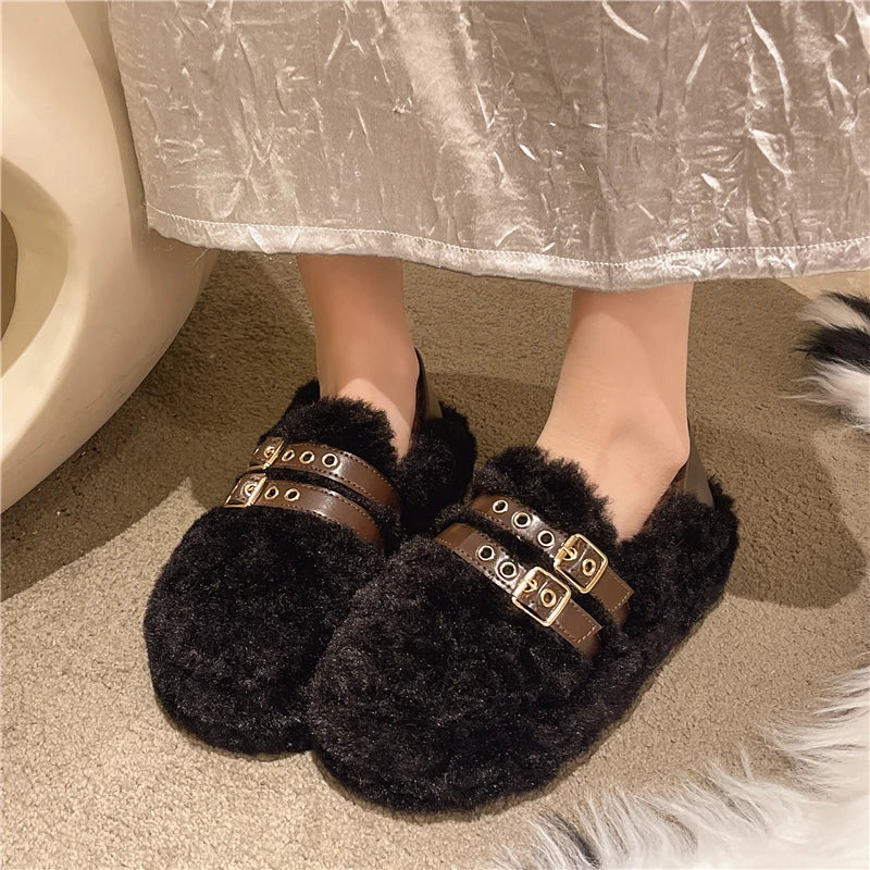 LBSFY -New Style Fashion Women Shearling Flats Furry Lambswool Mocasines Warm Cotton Shoes Ladies Slip on Sheep Fur Lined Loafers