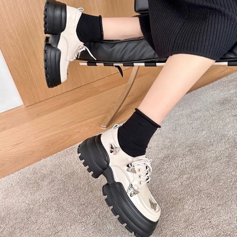 LBSFY  -   Sweet and Cool Style Small Leather Shoes Spring New Item Metal Bow Thick Sole Versatile Lace Up Casual British Single Shoe