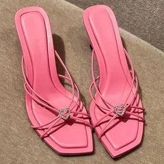 LBSFY  -  Heart shaped crystal embellishment pink sandals 2024 summer new French square toe open toe thin heel thin strap high heels