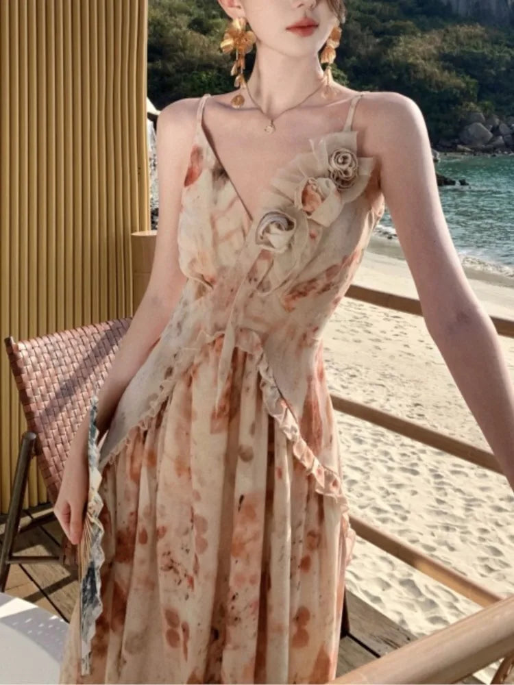LBSFY -Summer Elegant Vintage Fashion Print Long Women's Dresses 2025 New French Party V-Neck Dress Casual Holiday Beach Fairy Vestidos