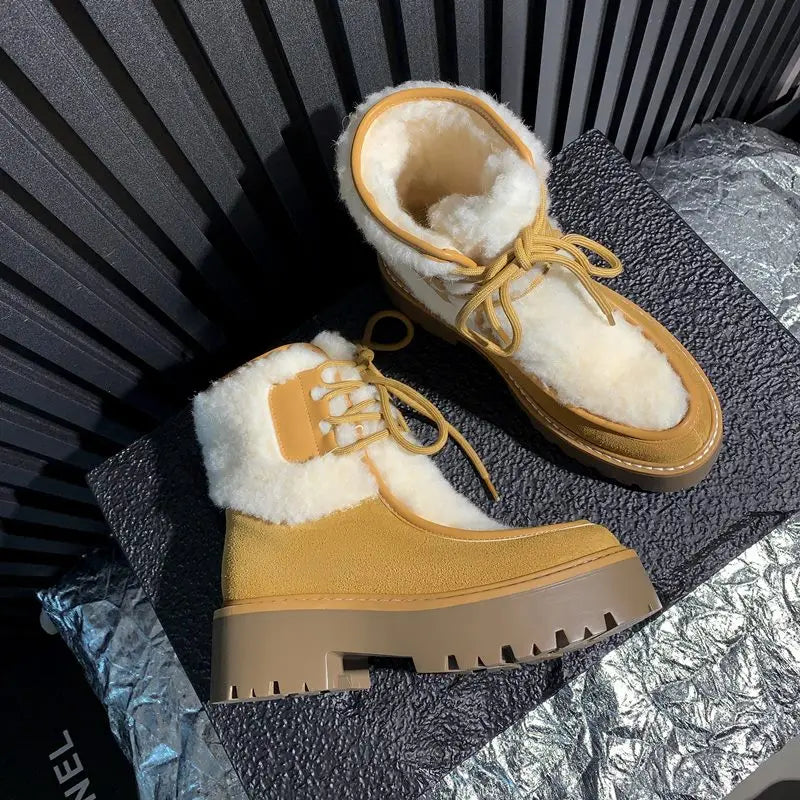 LBSFY  -  Cow Suede Snow Boots Women Lace Up Wool Blend Winter Boots Fashion Warm Ankle Boots Ladies Shoes